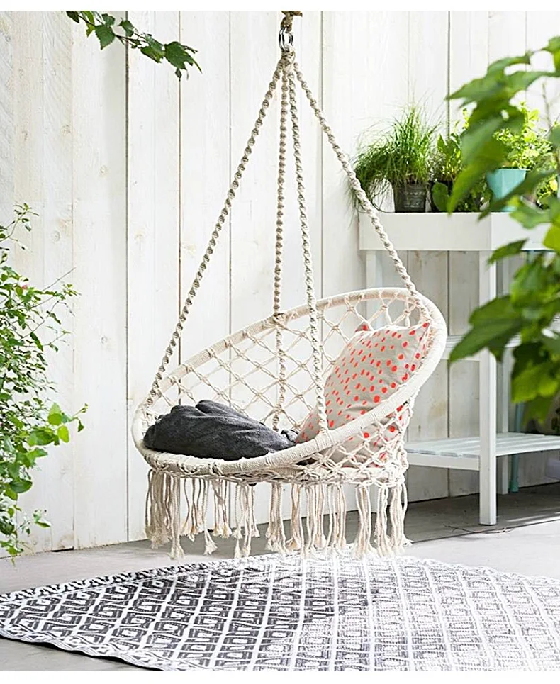 
outdoor hanging chair hammock cotton rope woven basket tassel chair 