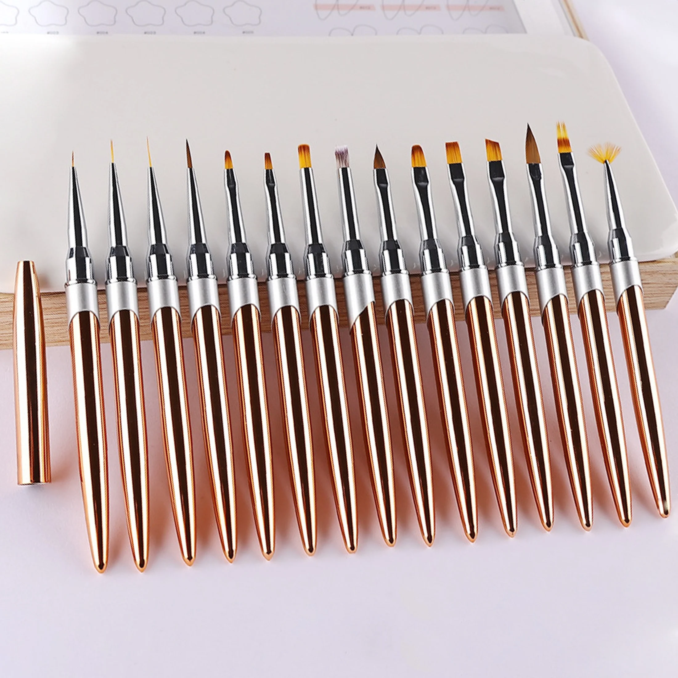 High Quality New Design Rose Gold Metal Nails Drawing Liner Manicure Acrylic Nail Brushes