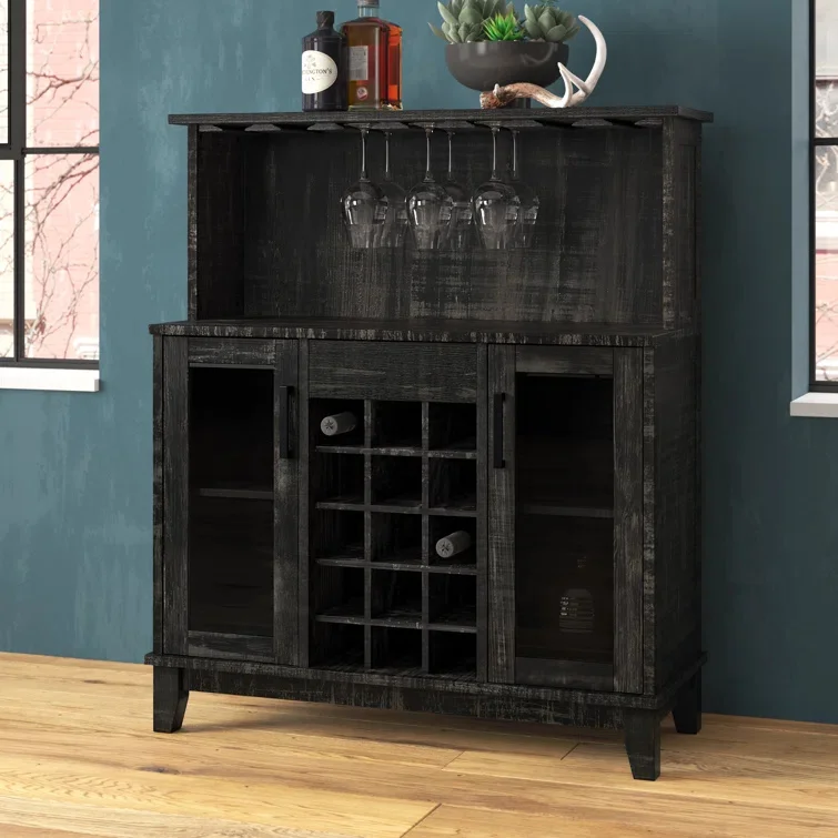 Farmhouse Rustic Wine Cabinet Coffee Station Microwave Wooden Bar Cabinet with Wine Rack and Glass Cup Holder Hunch