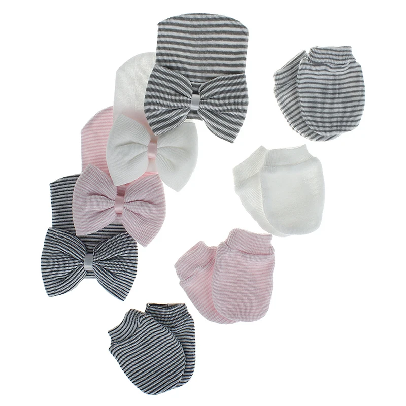 Hospital Infant Beanie Hats Baby Scratch Mitten Gloves Newborn Caps Mittens Set with
