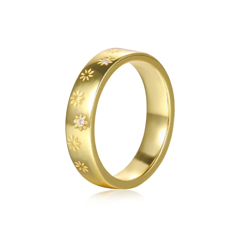 Elegant Cute 925 Sterling Silver 18K Gold Plated Zircon Diamond Setting Daisy Flower Chunky Glossy Ring for Women