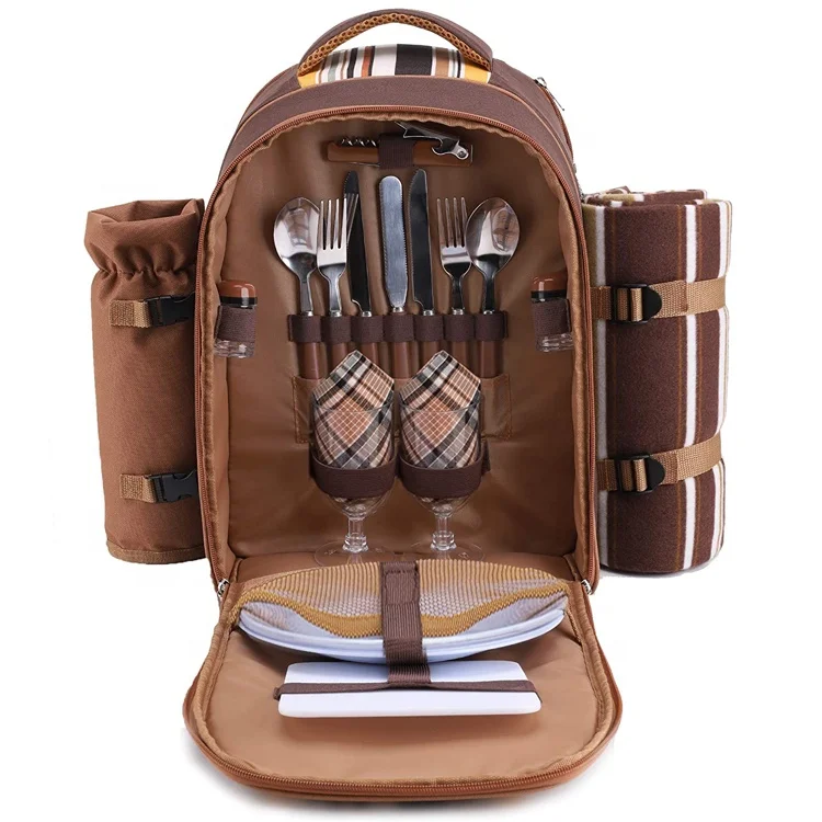 2 4 Persons Picnic Backpack Bag with Cooler Compartment Detachable Bottle Holder