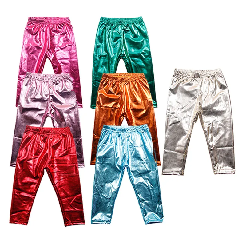 Children street fashion leather long pants multi-color elastic waistband girls trousers kids shiny soft PU fabric long pants