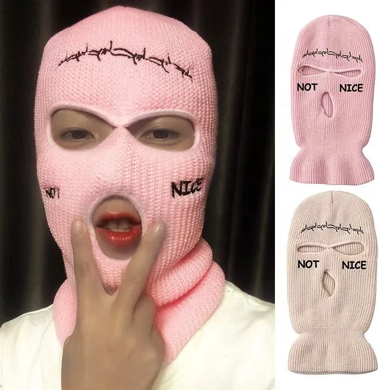 High Quality Custom Neon Embroidered Not Nice Logo Windproof Neck Warmer Thermal Cycling Three Hole Ski Mask Balalcava Beanie
