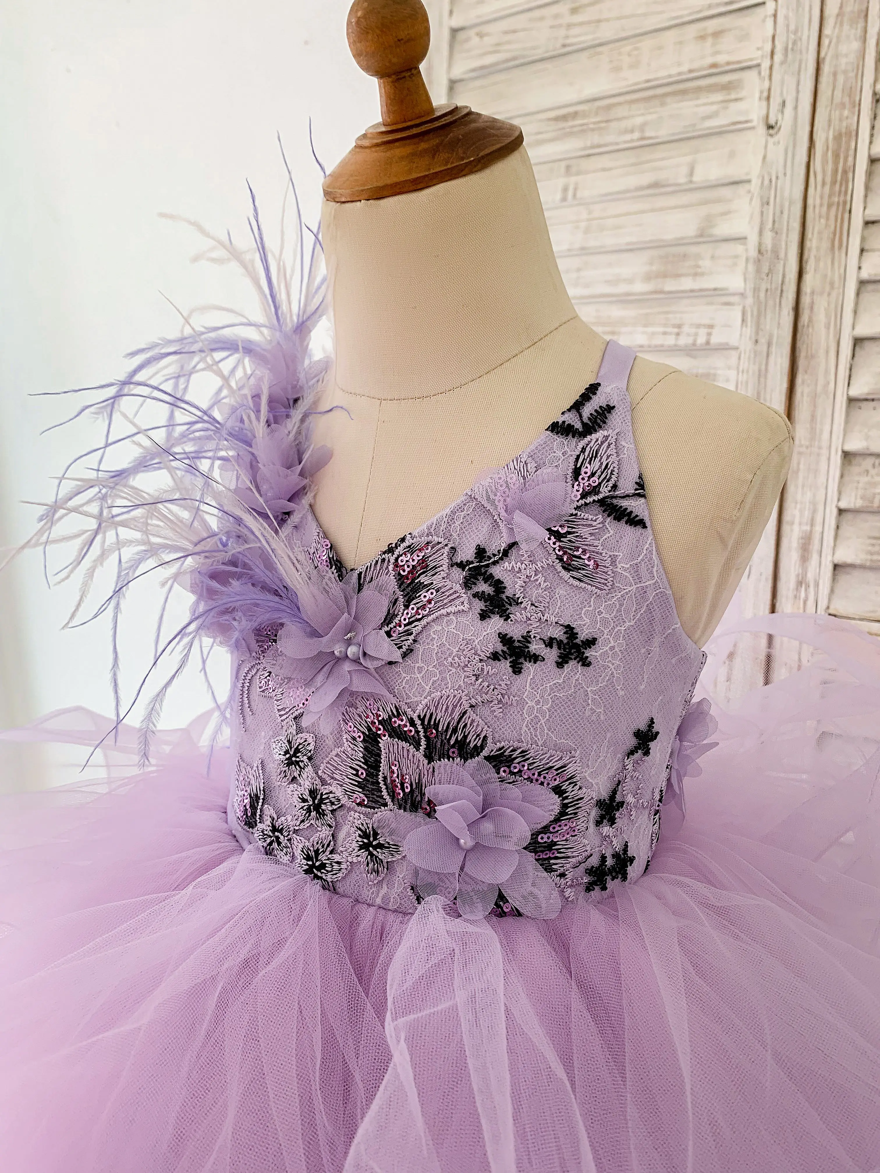 Lavender Tulle 3D Beaded Lace Wedding Flower Girl Dress Kids Party Dress Princess Birthday Gown Puffy Couture Dress