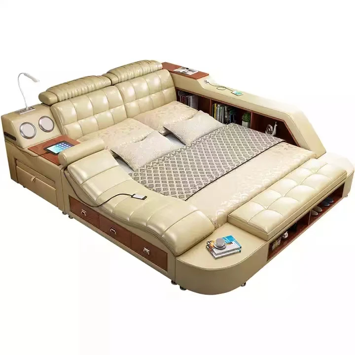 New design modern furniture classic design wooden frame leather bed with electric massage recliner