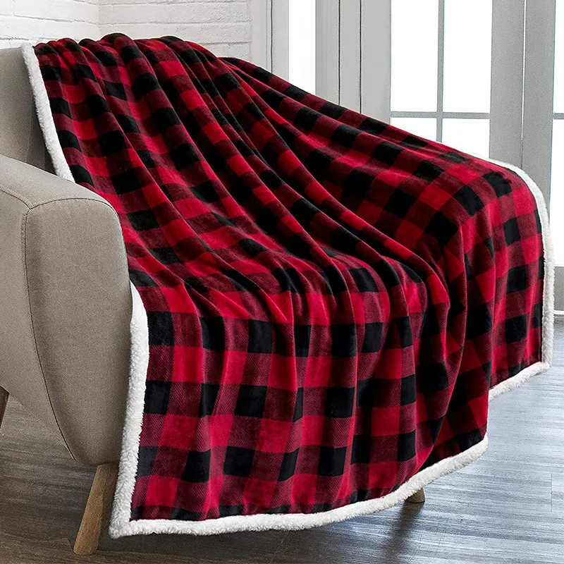 Red Plaid Snowflake Sherpa Flannel Double Layer Fluffy Personalized Christmas Blankets Throw  For Sofa Cover