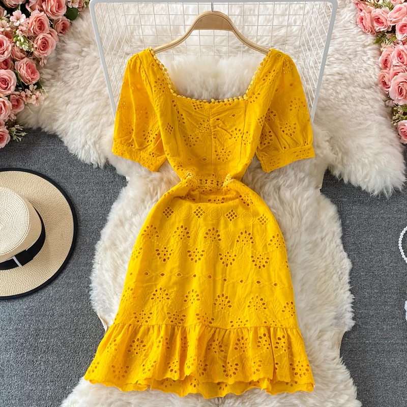 Summer ANSZKTN Square Collar Puff Sleeve Hollow Dress Fairy Style Crocheted Ruffled Slim Fit Sheath Dress Short Sleeve Dress