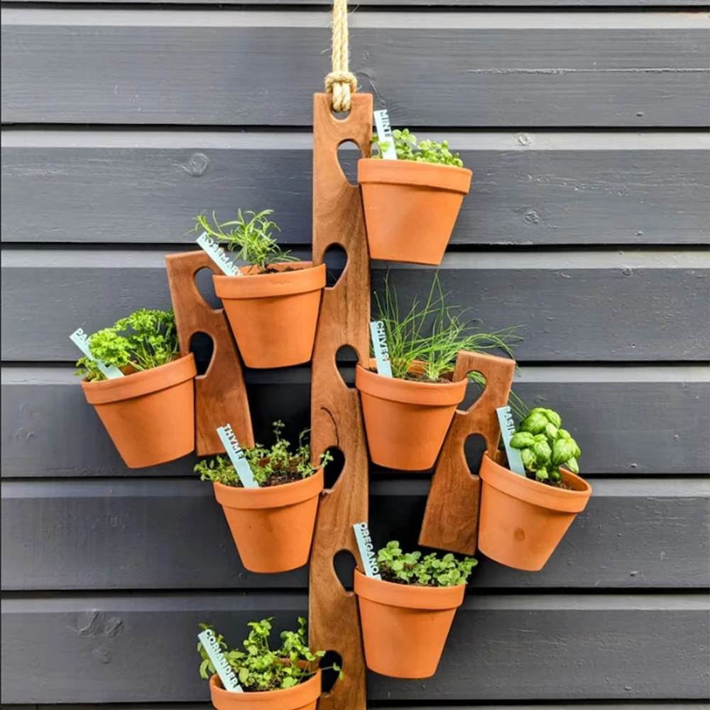 Housewarming Gifts outdoor indoor wooden Vertical Hanging Terracotta Pot Holder Clay Pot Hanger