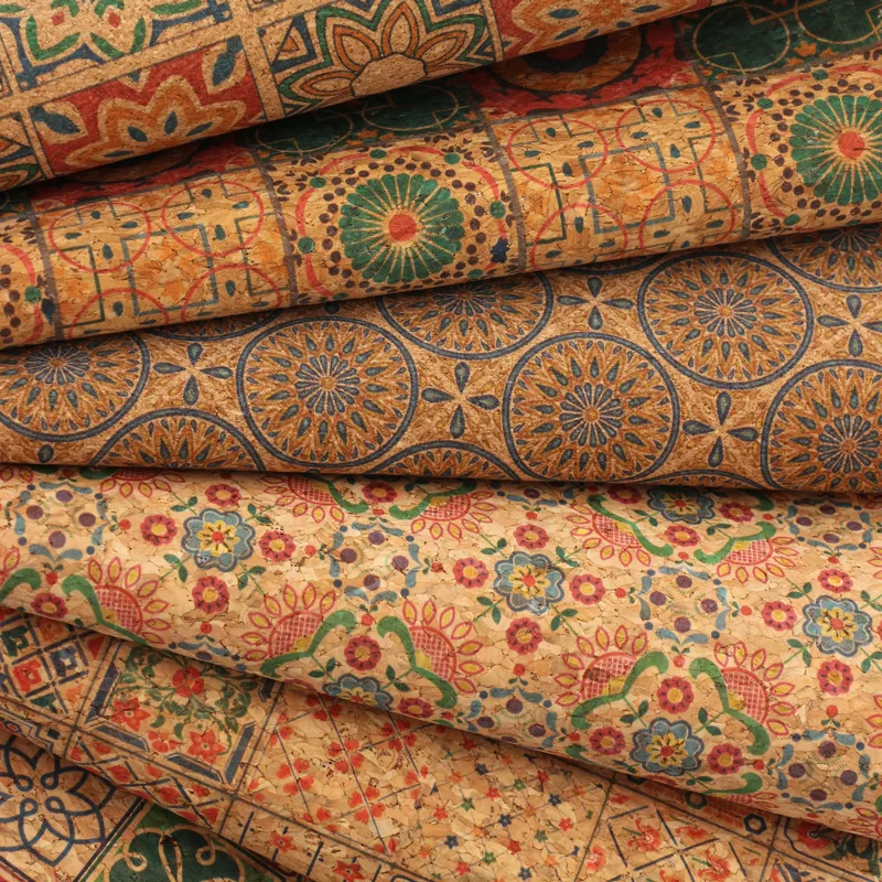 Custom Designer Printed Eco 50% Cork Material 0.45-0.55 mm PU Synthetic Artificial Cork Leather Cork Fabric with 1.35-1.4M Width
