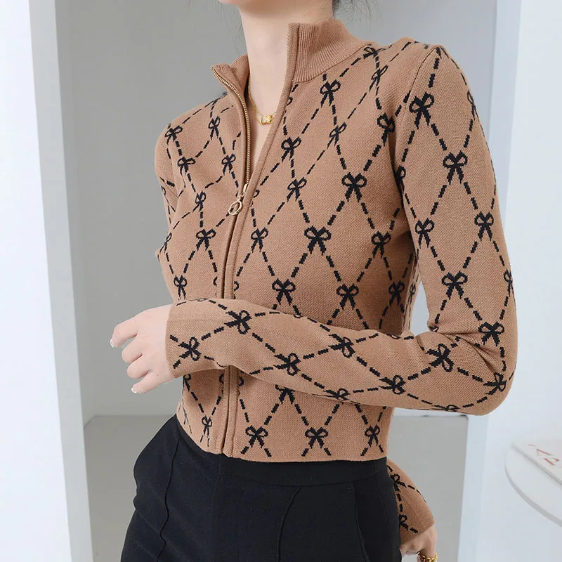 Bow Jacquard Cropped Knit Sweater Bow Custom Pattern Knitted Jumper Chunky Knit Cardigan