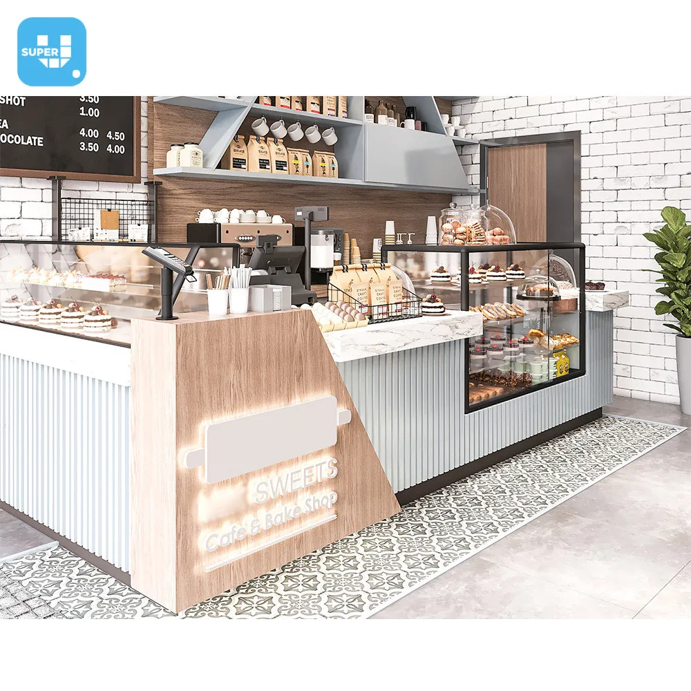 Custom Sweets Shop Furniture Design Trendy Wooden Cafe Bake Donut Shop Display Modern Glass Coffee Shop Bar Counter