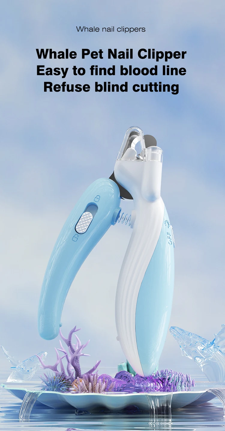 Manufacture Safe Pet Nail Clipper With Led Light Refuse Blind Cutting Whale Shape Cleaning Accessory For Pet Dog Cat