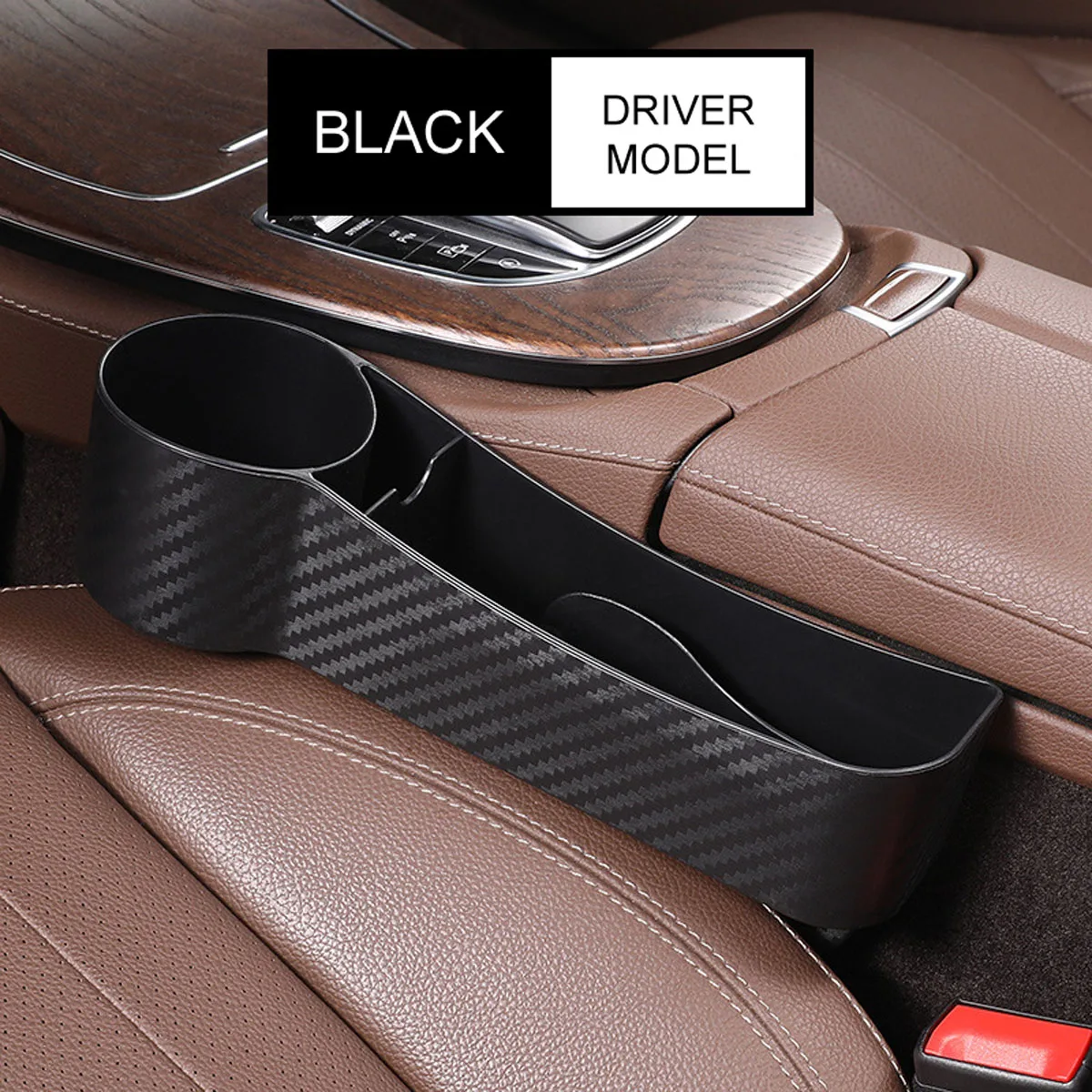 Universal size carbon fiber car seat gap filler organizer with large cup holder