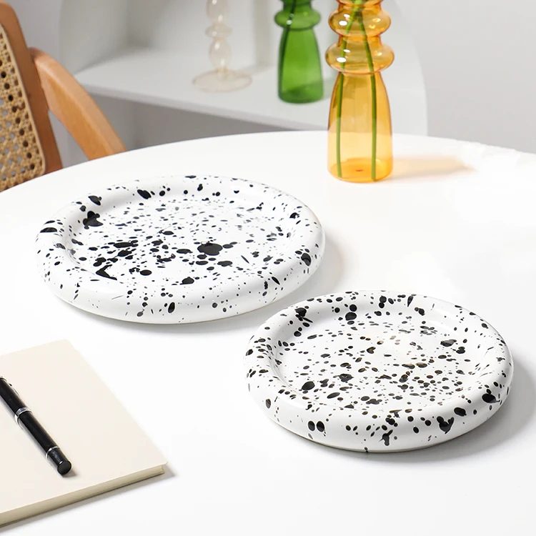 
Food safe personalized round shape speckle decorative white ceramic plates porcelain plate for dinner 
