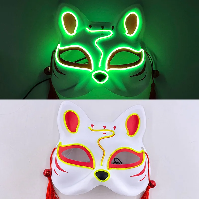 Reusable Light up Comic Cosplay Props Glowing Fox Anime Face LED Demon Mask Halloween Japanese Slayer Mask