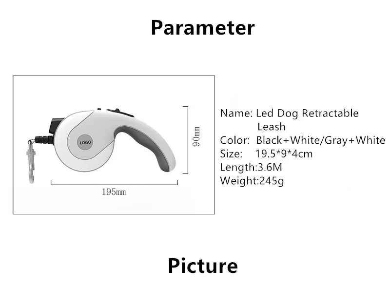 Manufacturer Custom Luxury Waterproof White Black Lead Pet Dog Training Retractable Led Light Leashes Set