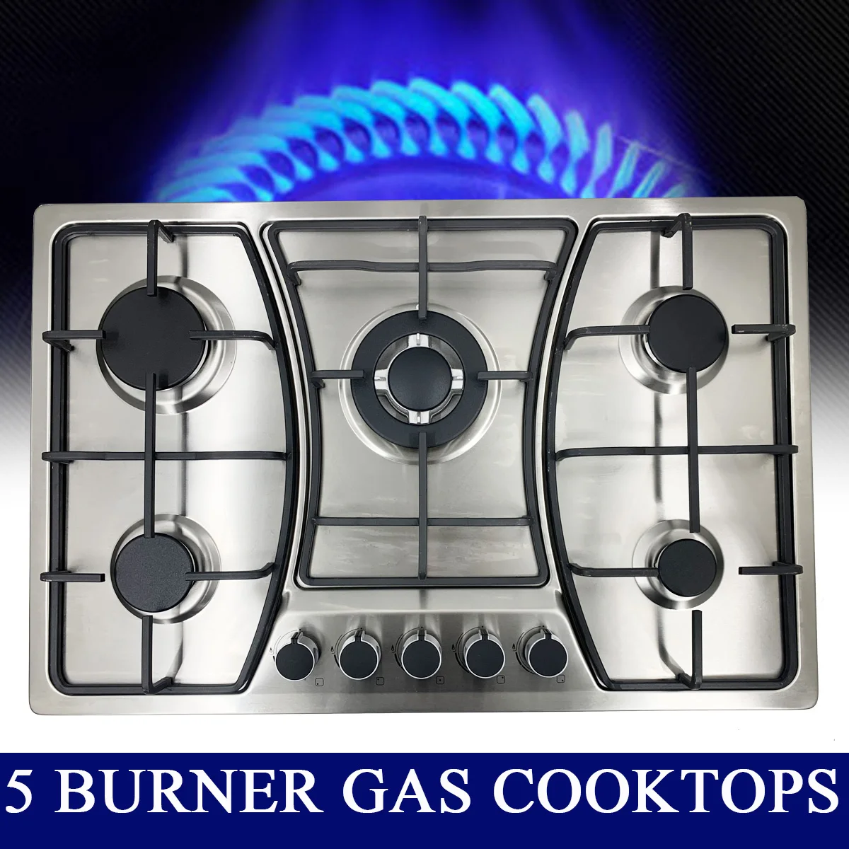Household 30 Inch 5 Burners LPG Cooking Stove Electronic Ignition Built-in Camping Stainless Steel Gas Cooktops