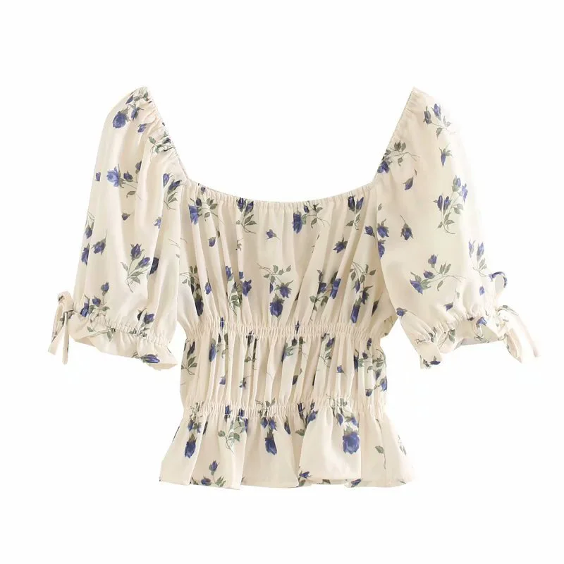 Vintage Square Collar Tops Elegant French Blue red Floral Print short Flare Sleeve Women blouse Top Hippie Chic spring Vintage