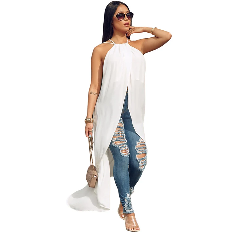
White Sleeveless Halter Top Asymmetrical Casual Shirt Long Maxi Tunic Tops Blouse Women 