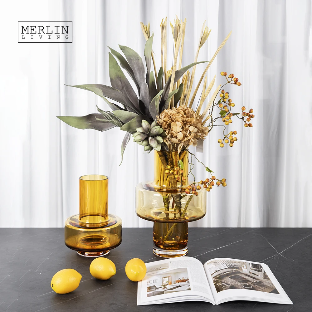Стеклянная ваза Merlin с витражом в скандинавском стиле, стеклянная ваза-цилиндр янтарной резки для украшения ВАЗ