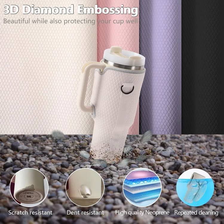 Water Bottle Carrier Bags 40oz Embossed Neoprene Cup Sleeve Bags with Phone Zipper Pocket and Strap 40 OZ Bottle Holder Bags