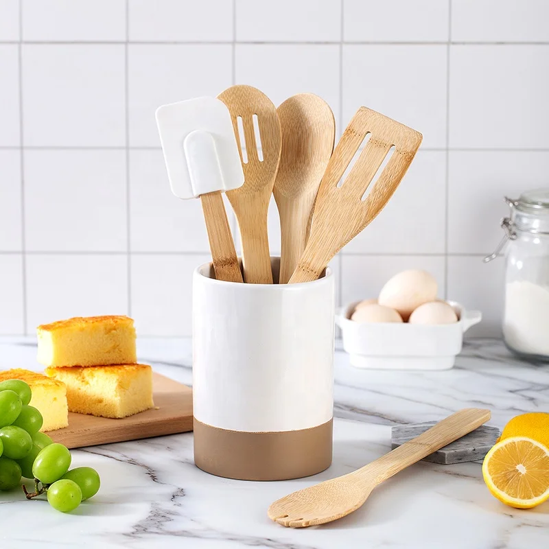 Maisons Hot Sale Kitchen Accessories 6pcs Cooking Utensils Wooden Handle Non Stick Kitchen Utensils Sets with Holder