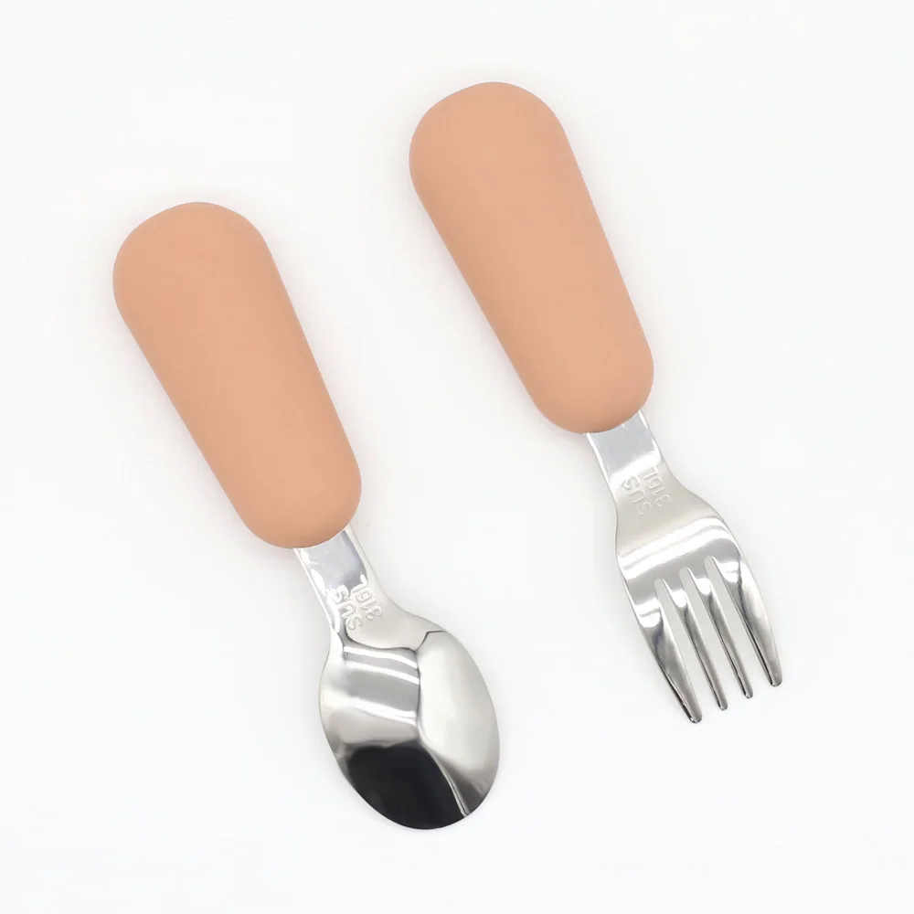 Hot Sale Safety BPA Free Cucharas Set Mini Feeding Wooden Spoon Silicone Baby Spoon Fork Set For Training