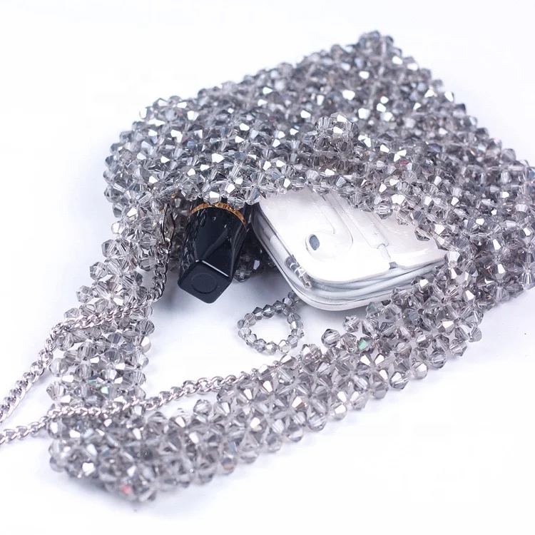 MoyaMiya hot selling handmade macrame silver heart crystal beads shiny bag crochet fashion handbags