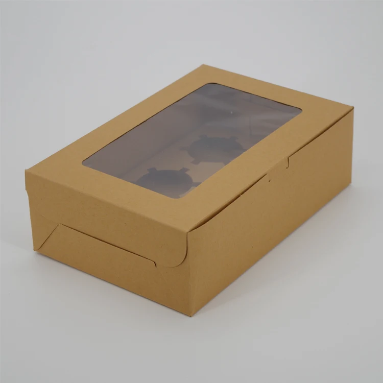 Factory Price Small Quantity Kraft Paper With Clear Window Flat Shipping Box for 6 pcs Cupcake Doughnut Box