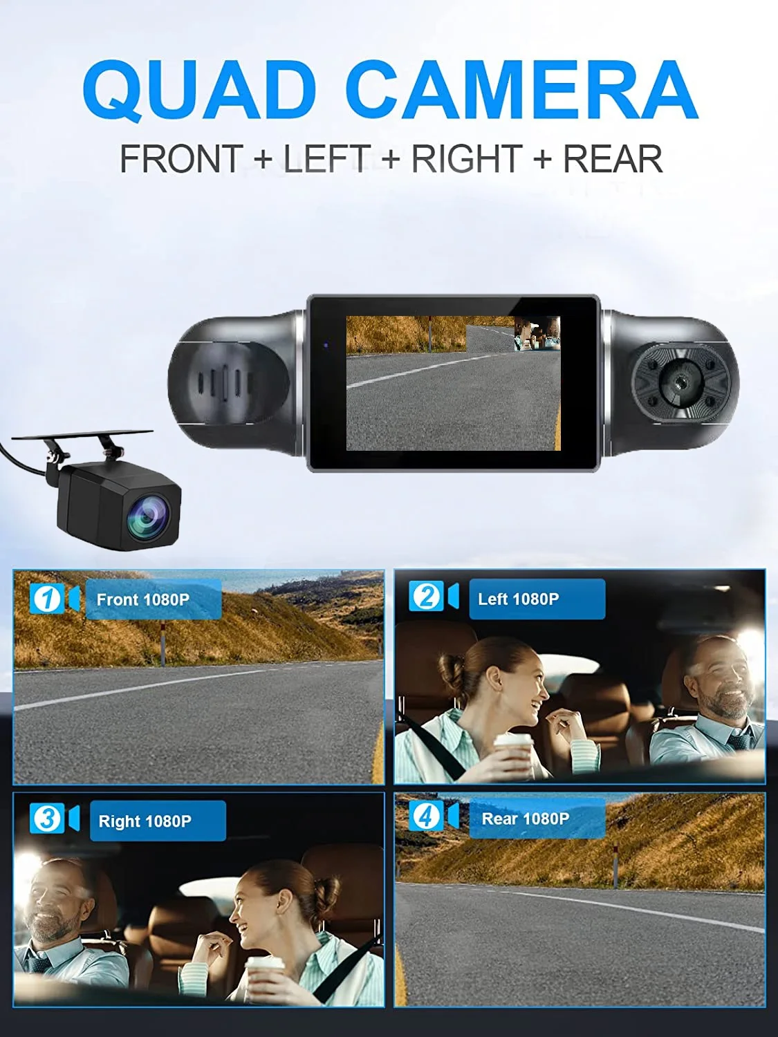360 degrees Panoramic Car DVR 3-Inch Screen 4 Channel FHD 1080P IPS Video Recorder 4 Split Screen Display Dash Cam Night Vision