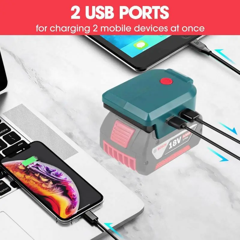 Portable Power LED Work Light 2 USB Port Battery Adapter For Makitas Dewei Milwaukee Baide 14.4-20V Lithium ADP05