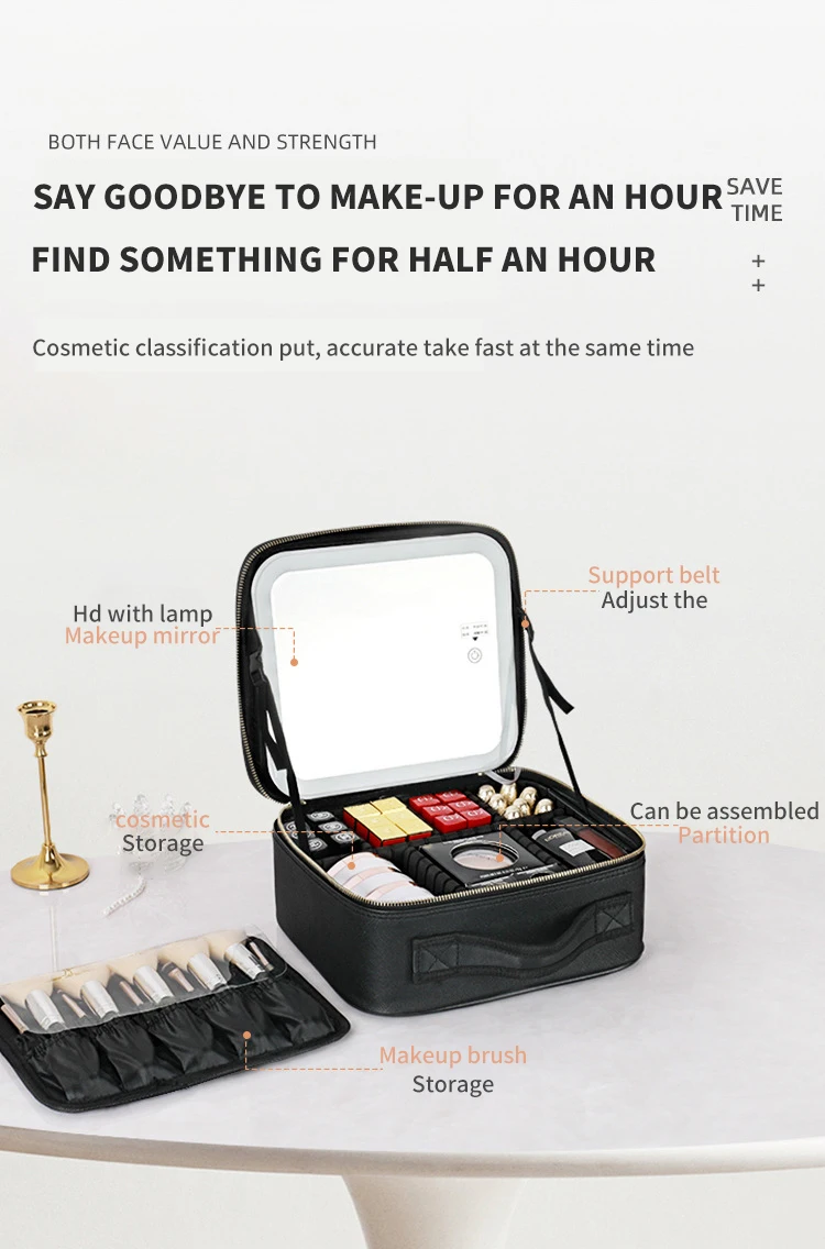 Custom logo large capacity desktop cosmetic bag storage box waterproof PU travel portable makeup bag case with LED light mirror