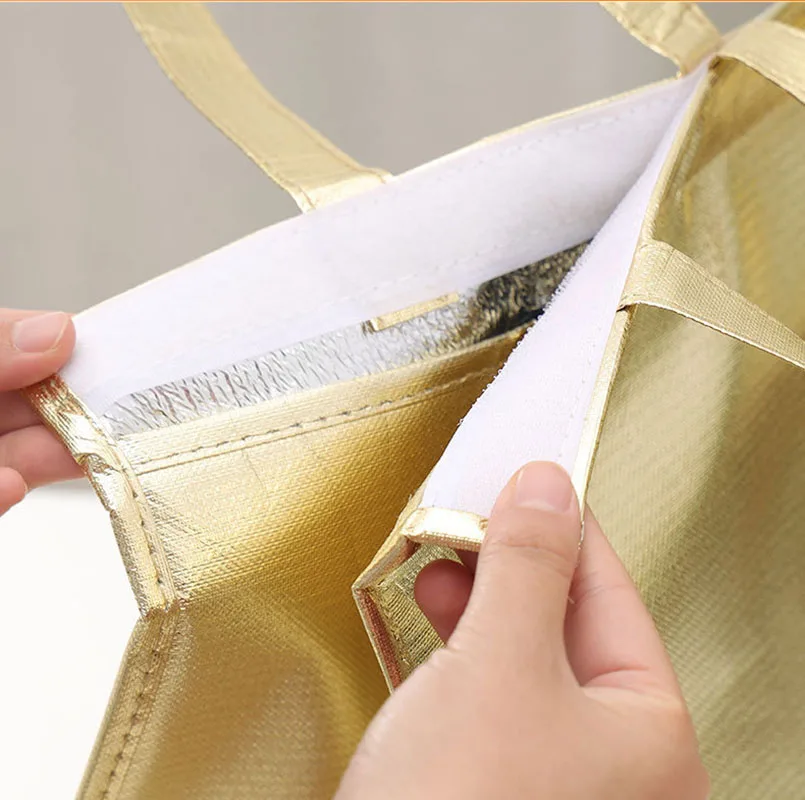 Wholesale Promotional Custom Imprint Eco Friendly Portable PP Non Woven Ice Cooler Bag Insulated Gold Waterproof