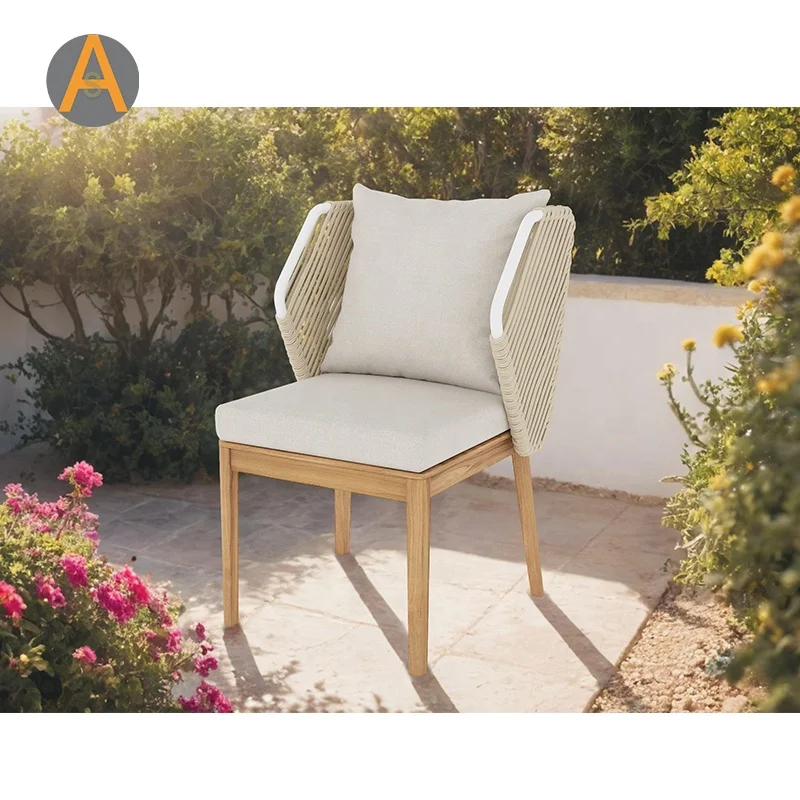 Modern wooden teak patio furniture coffee shop leisure rope woven garden chair