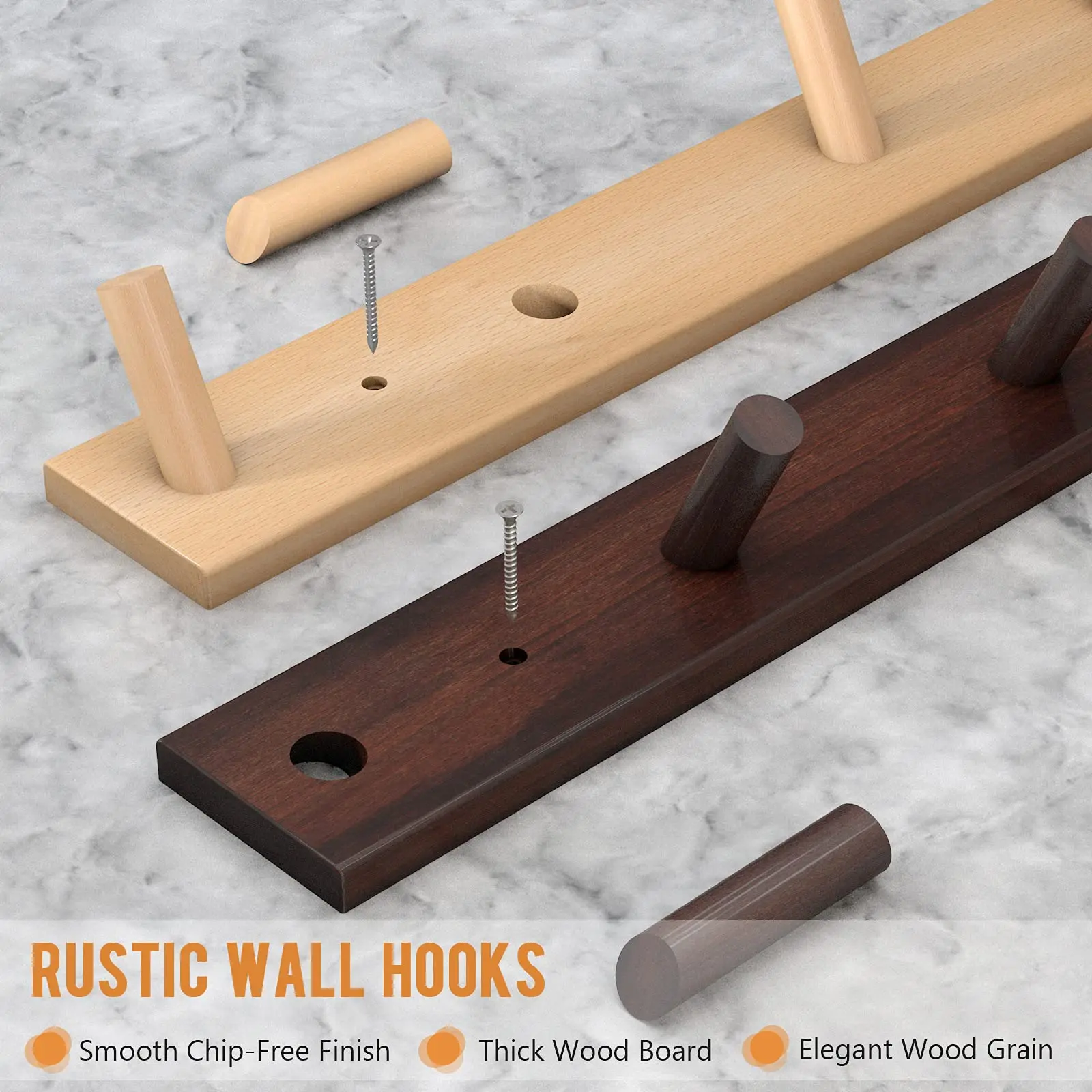 Wooden Wall Mounted Coat Rack, Natural Wood Duty Coat Hooks with 5 Pegs Wall Hooks