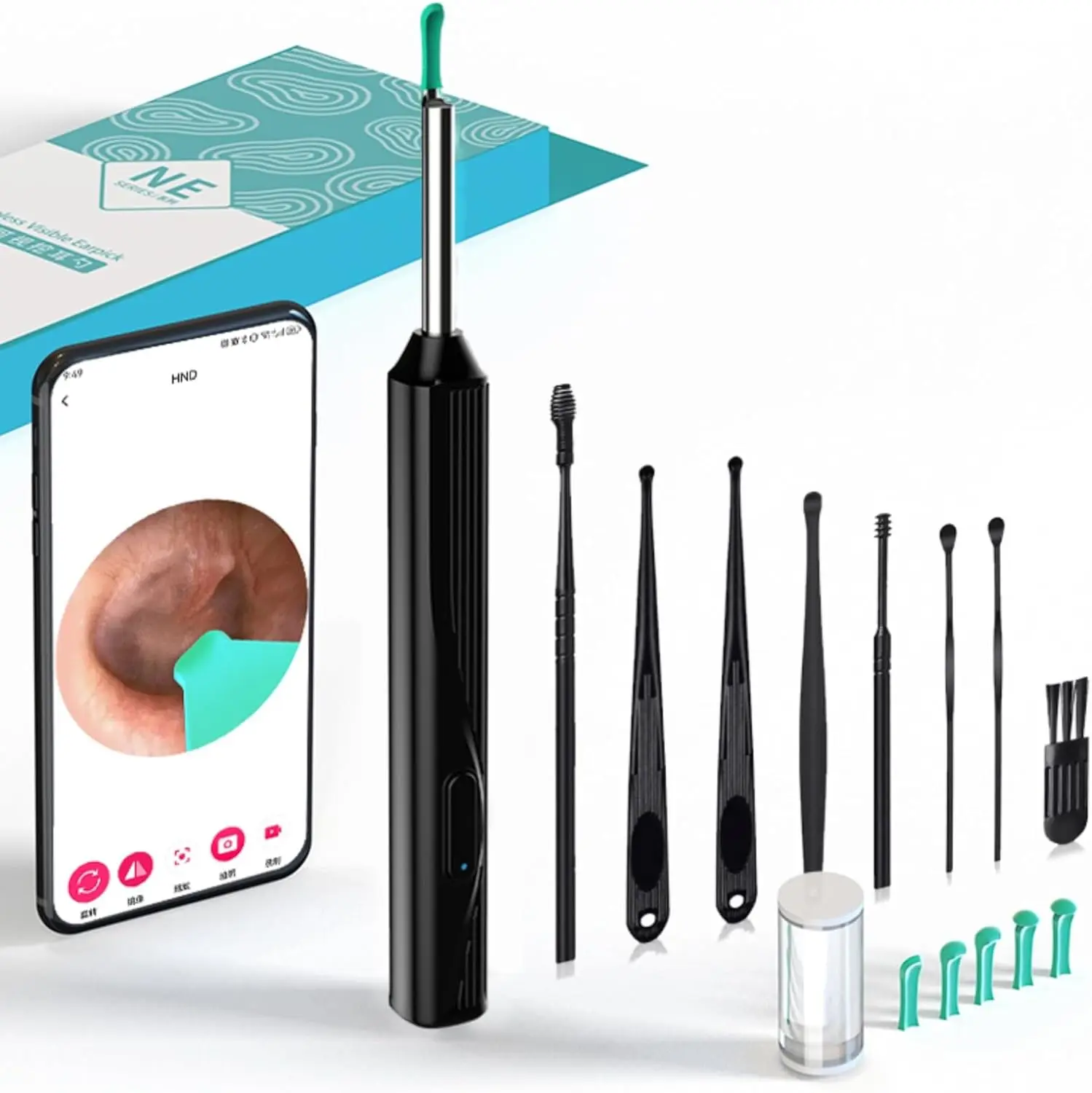 Black integrated spoon head Ear Wax Removal-Earwax Removal Tool  visual earpick Ear Cleaner  with Camera with Light