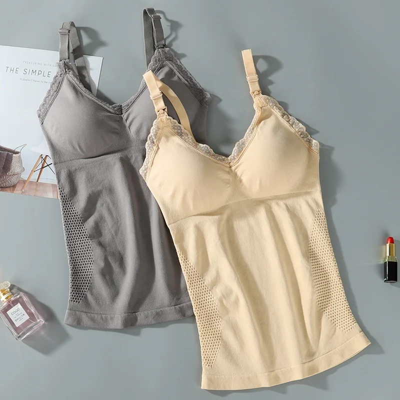 Front Open Breastfeeding Tank Top One Piece Seamless Wireless Lace Camisole Maternity Nursing Bra With Build-in For Womens