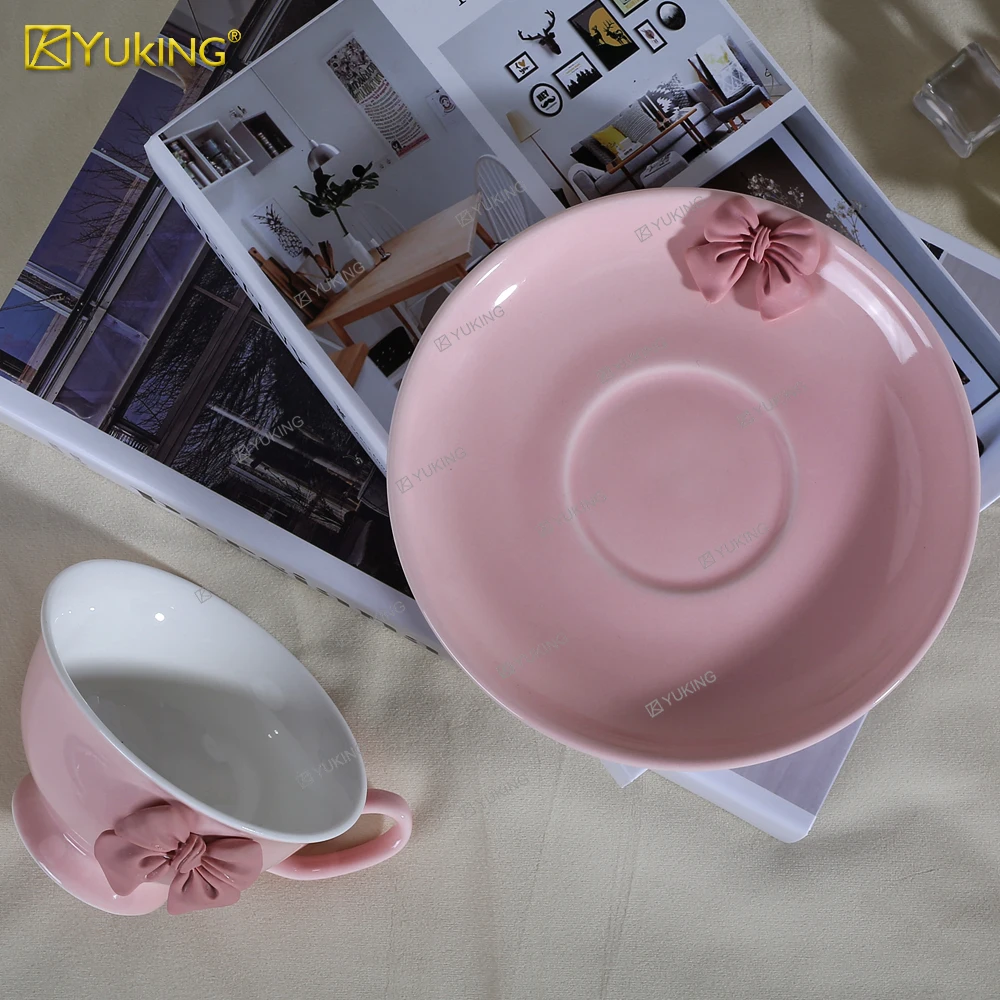 Wholesale Bow Design Ceramic Tea Water Cup Nordic Coffee Mug Saucer Cute Ceramic Cup And Saucer