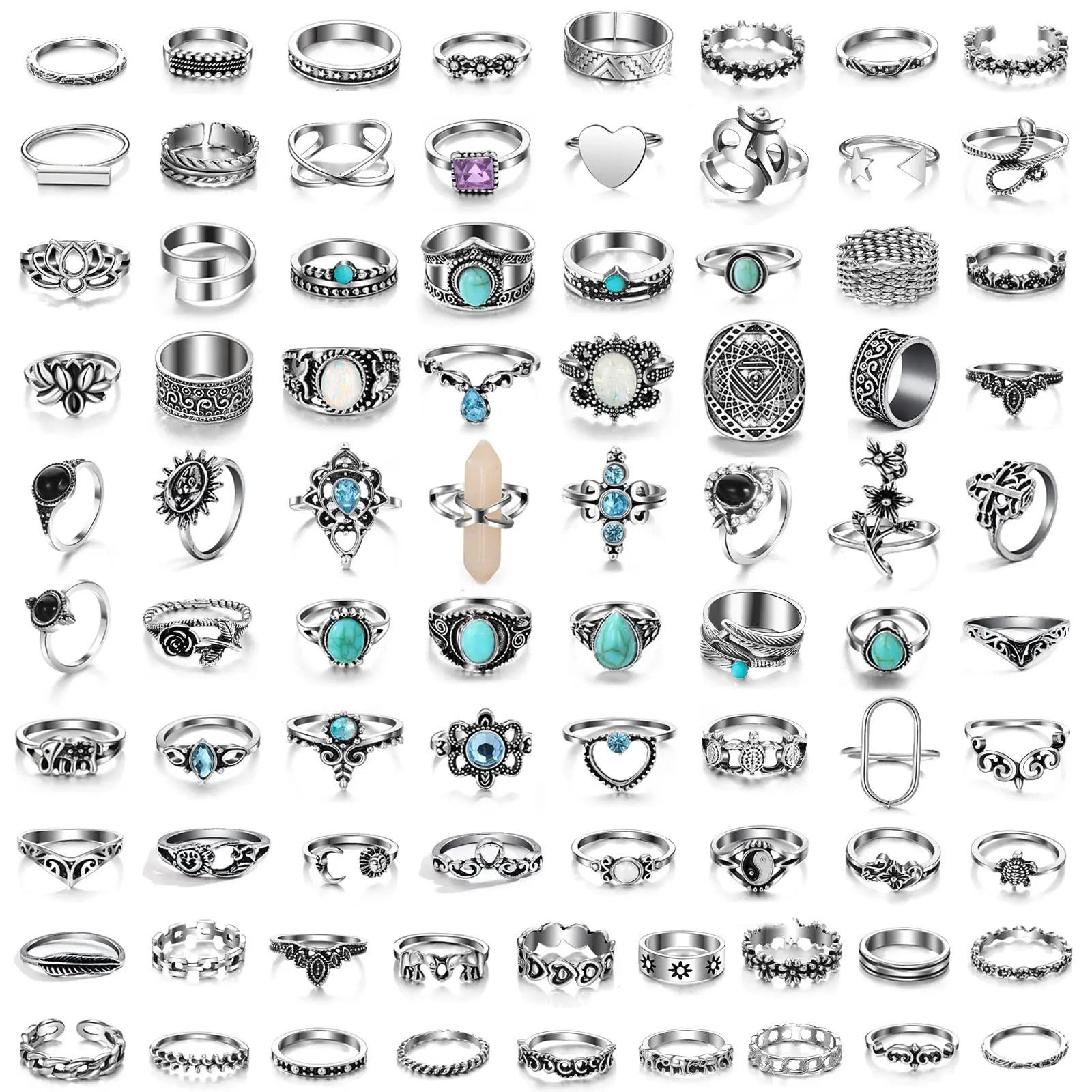 Hot Sale Vintage Boho Jewelry 925 Silver Bohemian Rings Finger Knuckle Ring Bohemia Style Gemstone Stackable Punk Ring Set