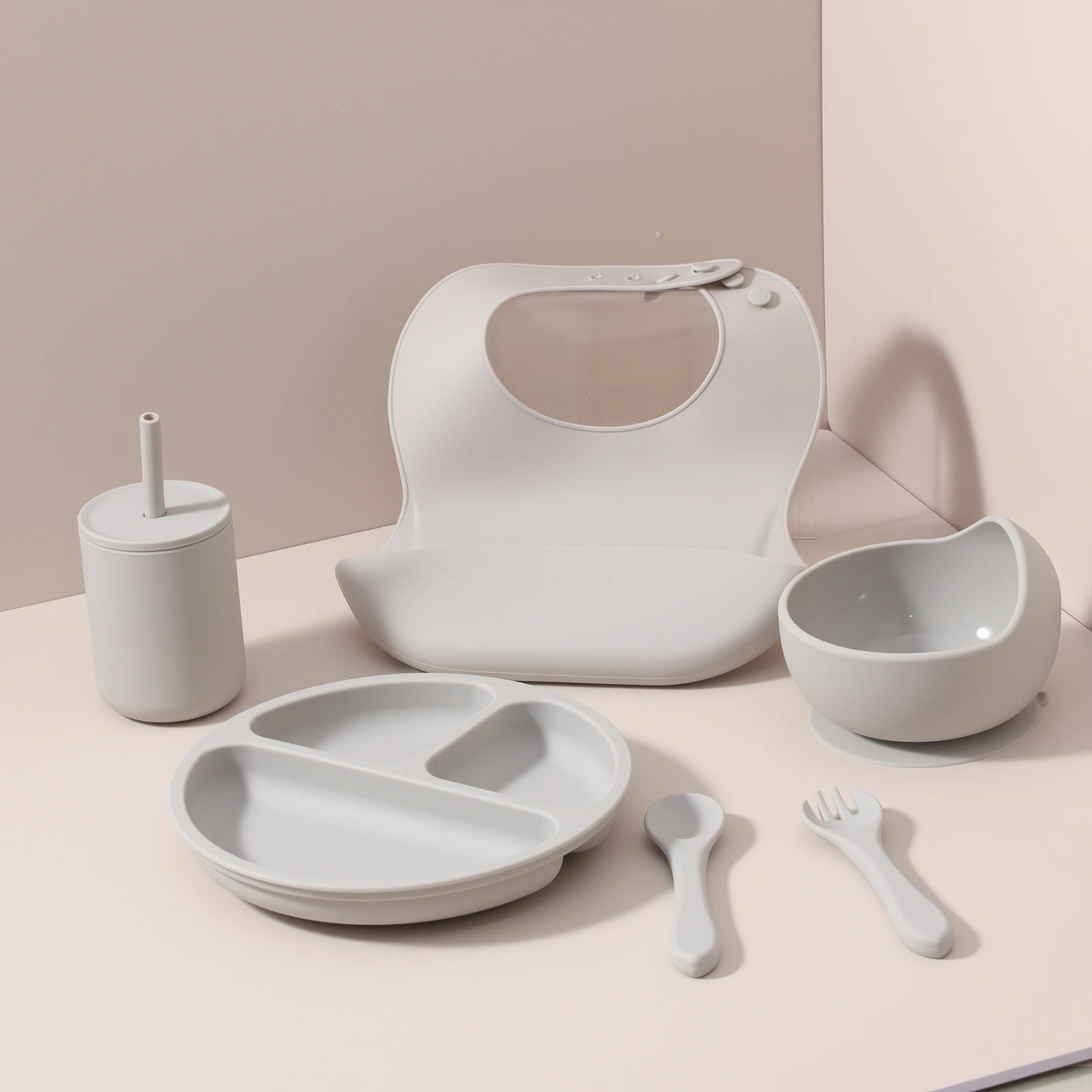 Factory Baby Eating Utensils Cartoon Design Silicone Plate Suction Baby Feeding Set with Fork and Spoon