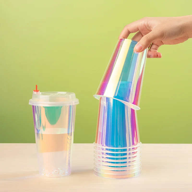 China Manufacturer Bulk Price Plastic Water Bubble Tea Cups Custom Takeaway Juice Fruit Rainbow Cups
