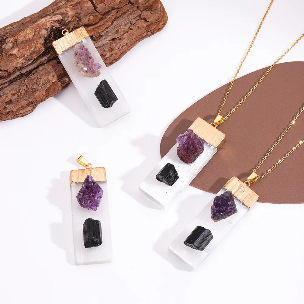 Geometric Rectangle Natural Selenite Amethyst Raw Stone Drusy Black Tourmaline Inlaid Selenite Necklace for Men Women