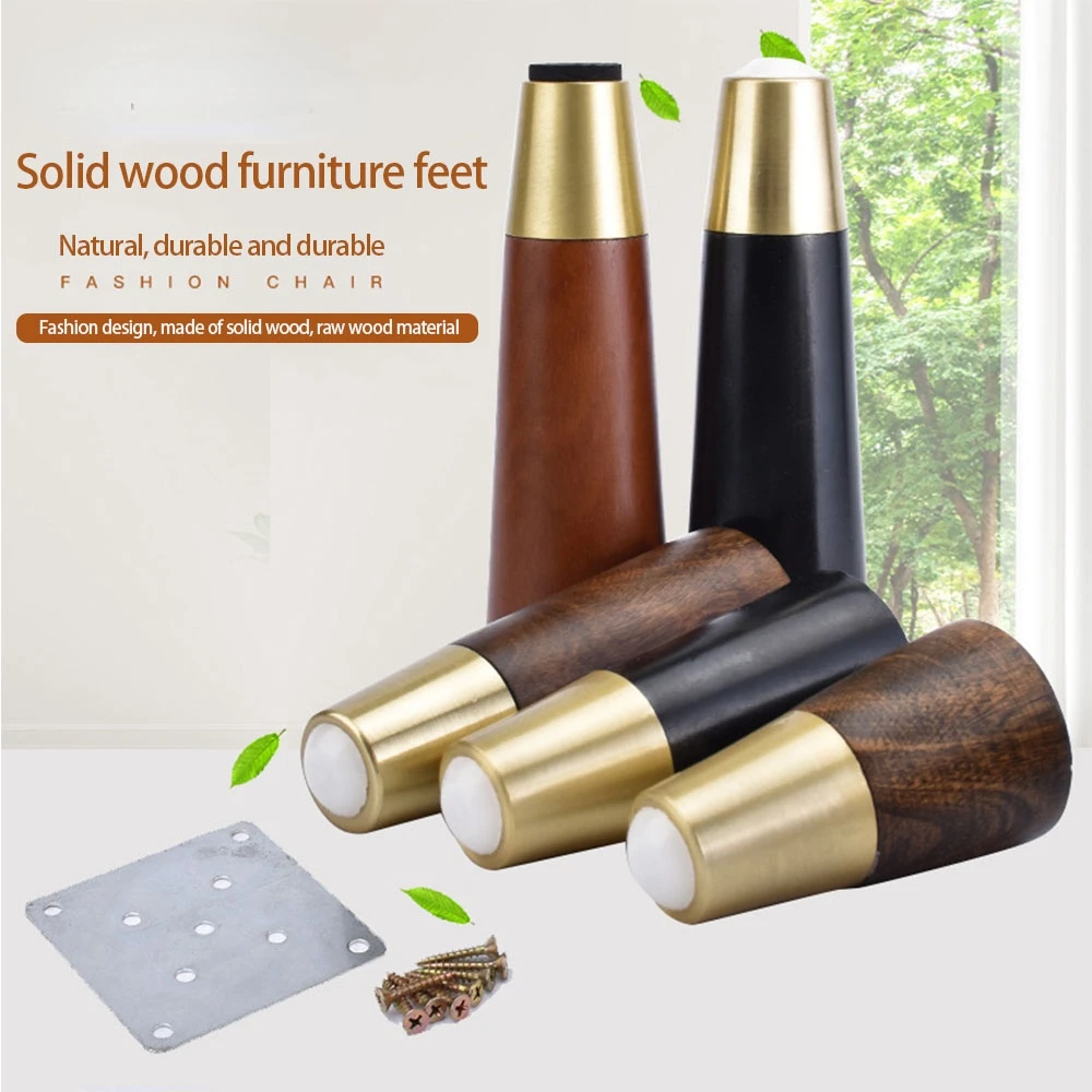 4pcs Natural Solid Wood Furniture Legs for Sofa Foot Brass Covers Home Decoration Dressing Cabinet Coffee Table Feet With Screws