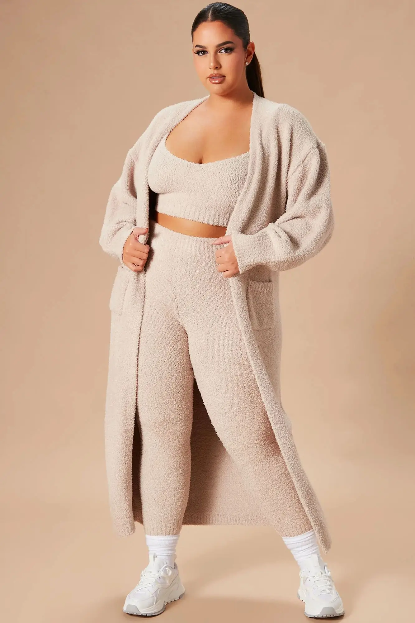 Winter Fluffy Sexy Women 3 Piece Sleepwear Lounge Set Cozy Knit Cardigan Crop Tank Tops Pants Soft Ladies Fuzzy Pajama Set