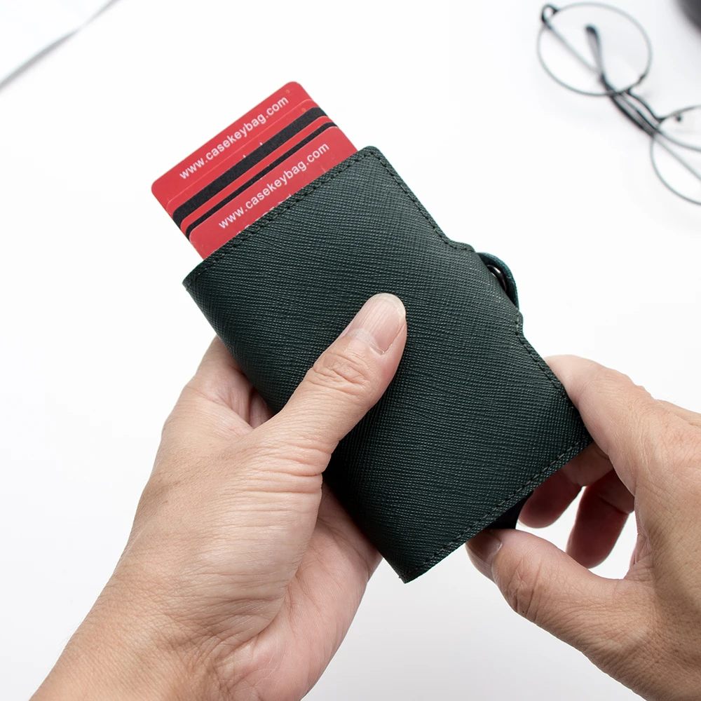 Casekey Fashion Full Grain Saffiano Leather Automatic Wallet Rfid Safe Anti Theft Popup Credit Card Holder Tarjetero for Women