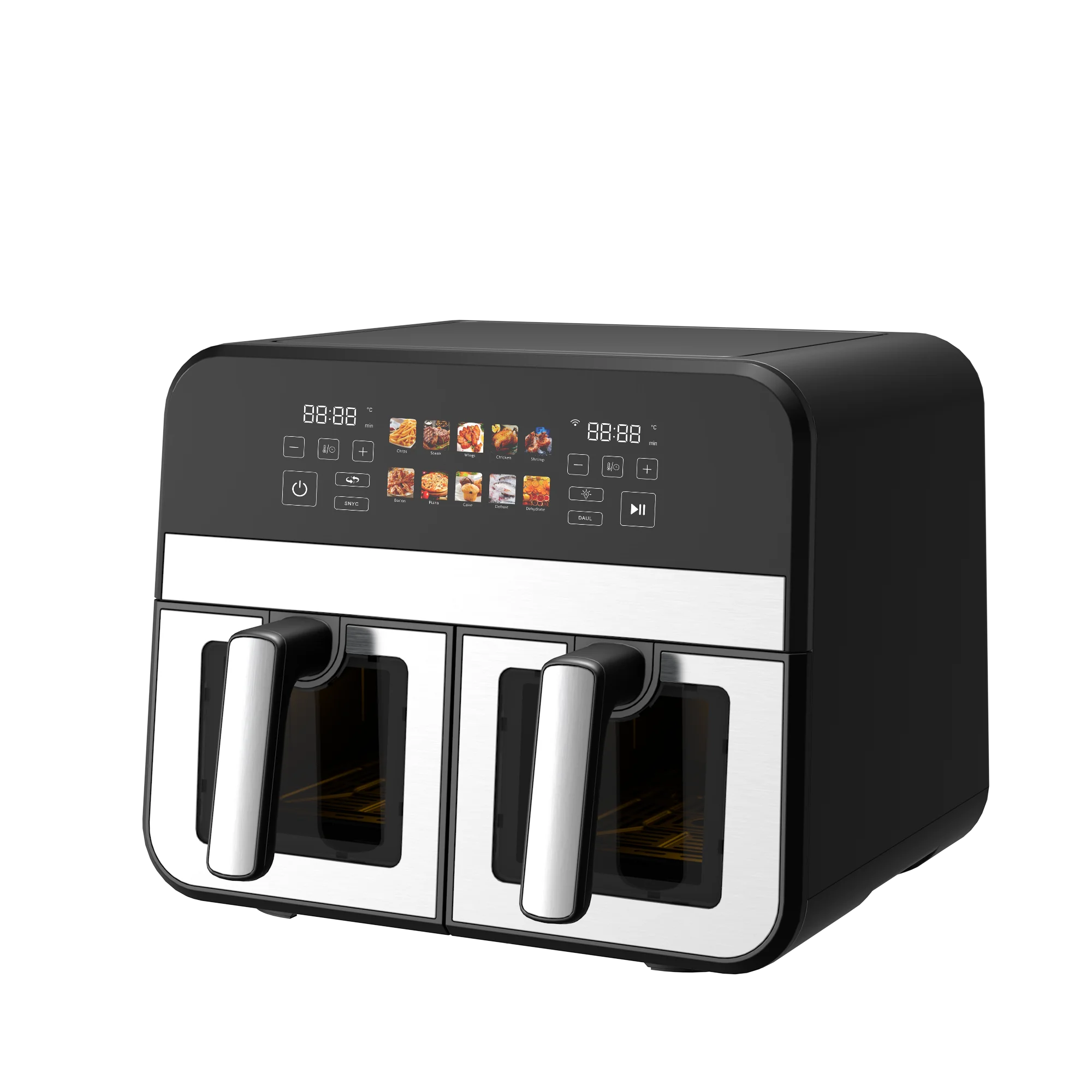 Newest LED Multicolored Screen 8L 9L 10L 11L XXL Visible Deep Dual Basket Air Fryer Oven with Low Frame Frequency and no Flicker