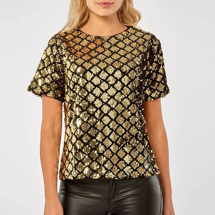 Custom Womens Gold And Black Diamond Sequin Top Women Short Sleeve Round Neck Clothing Women Blouse