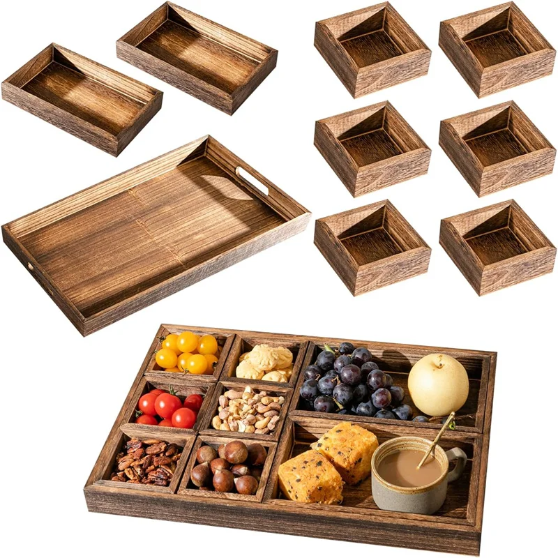 Wooden Serving Tray with Handle Rectangular Solid Wood Platters Set of 9 Bamboo Storage Trays for Coffee,Breakfast,Dessert