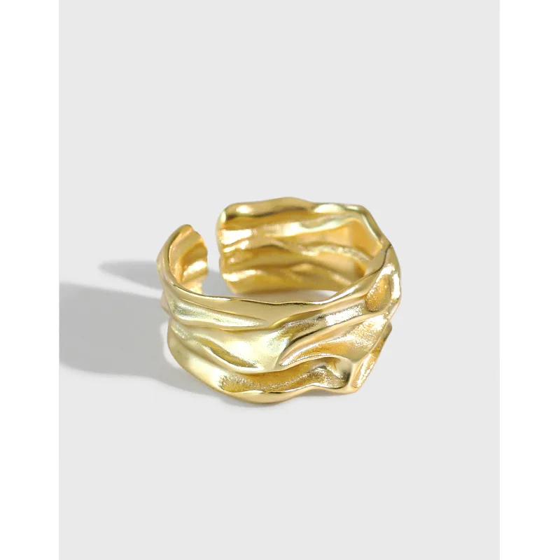 Irregular Fold Surface Ring Sterling Silver Real Gold Plated 925 Women Rings